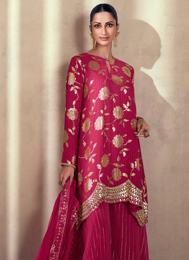 Magenta Premium Silk Sharara Suit with Thread and Sequins Detail Discounts