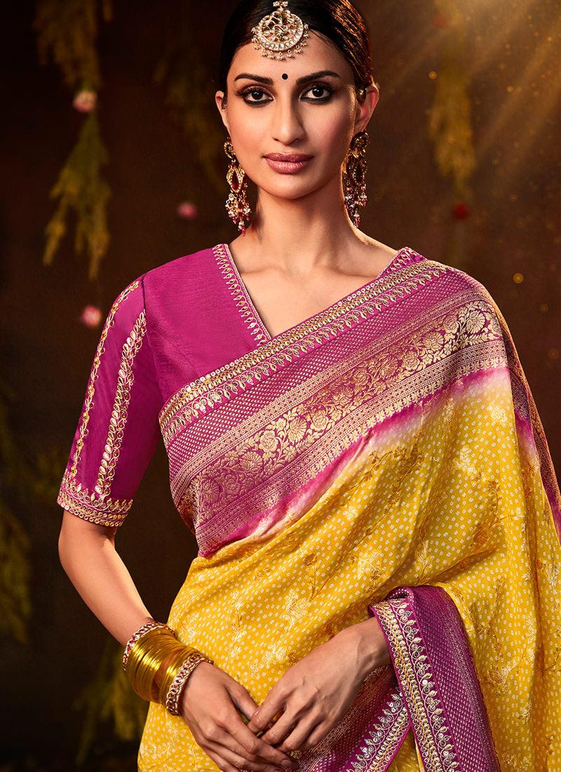 Embroidered Blouse With Light Yellow Bandhej Saree Buy Cheap Inexpensive