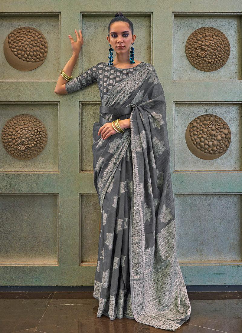 Grey Color Lucknowi Silk Classic Saree Discount Exclusive