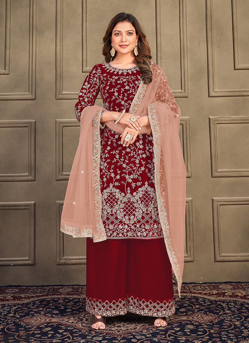 Dori Embroidery Maroon Palazzo Suit Cheap Discount Sale