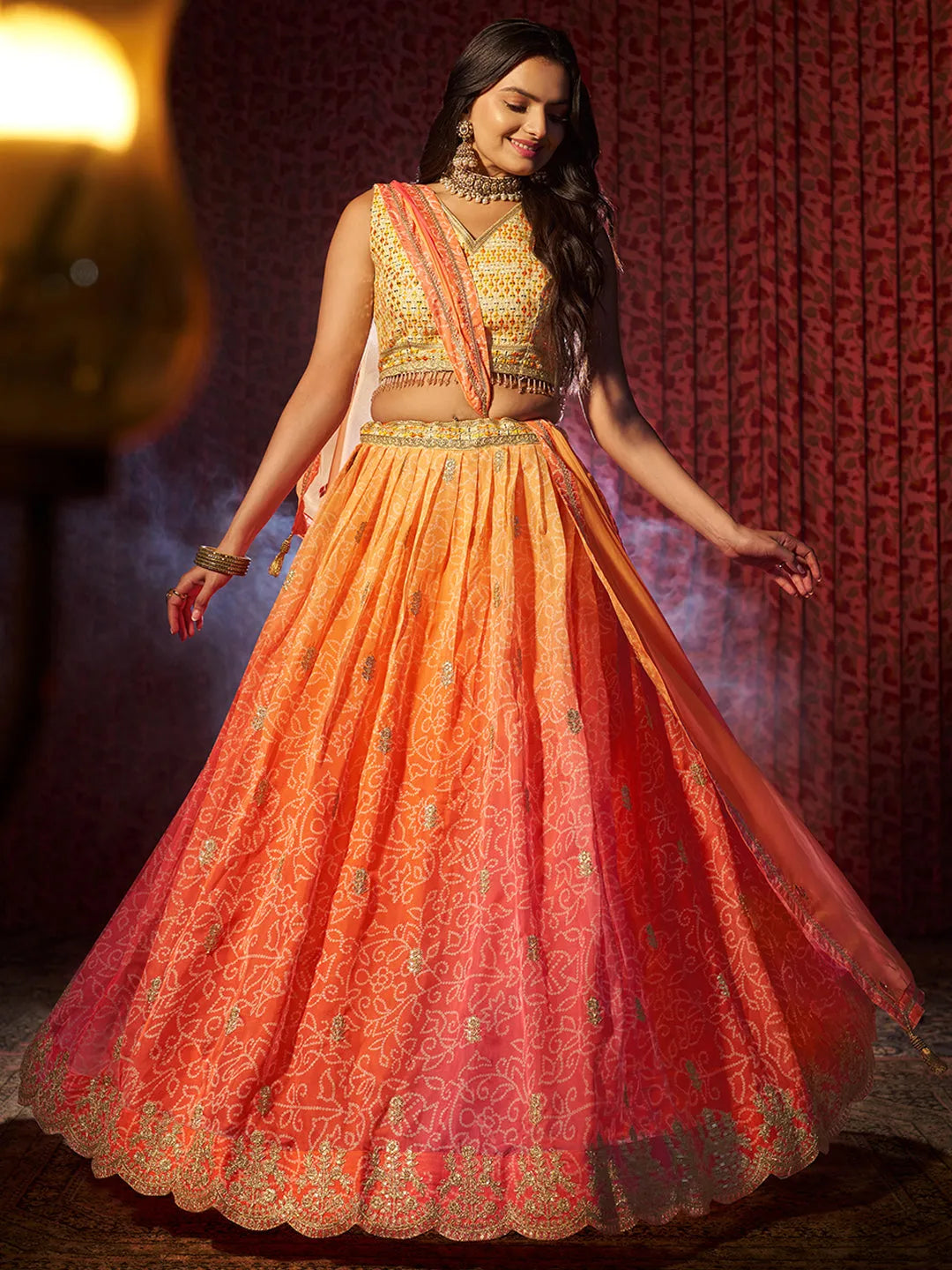 Gorgeous Orange Printed or Embroidered Organza Lehenga Choli Cheap Sale Explore