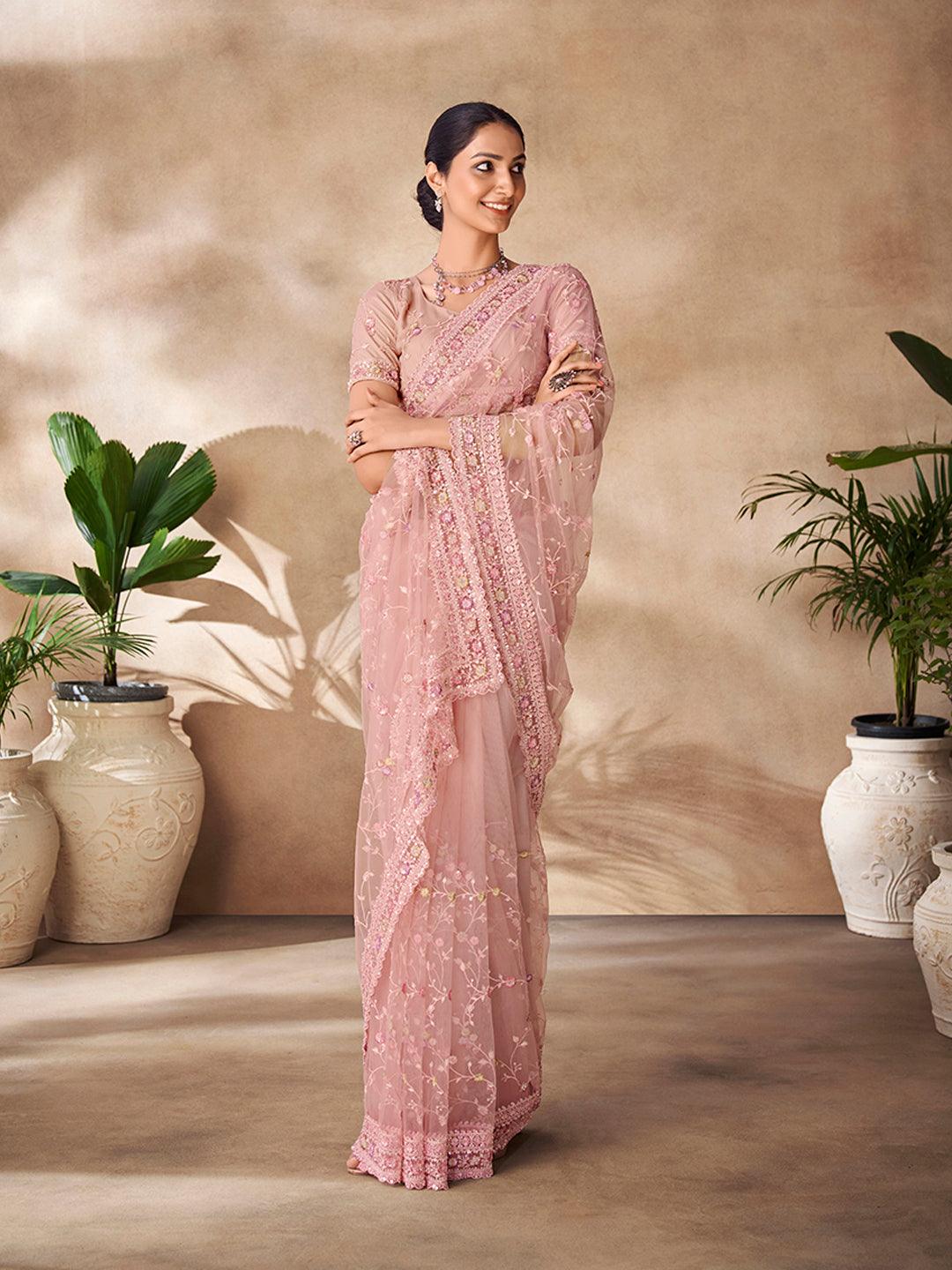 Net base peach color embroidered and sequins work saree Free Shipping Inexpensive