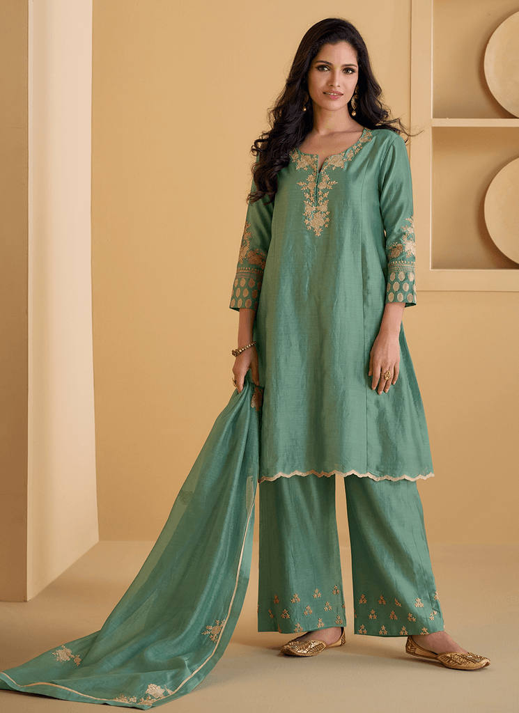 Sea Green Pure Silk Cording Worked Designer Top Palazzo Suit Largest Supplier