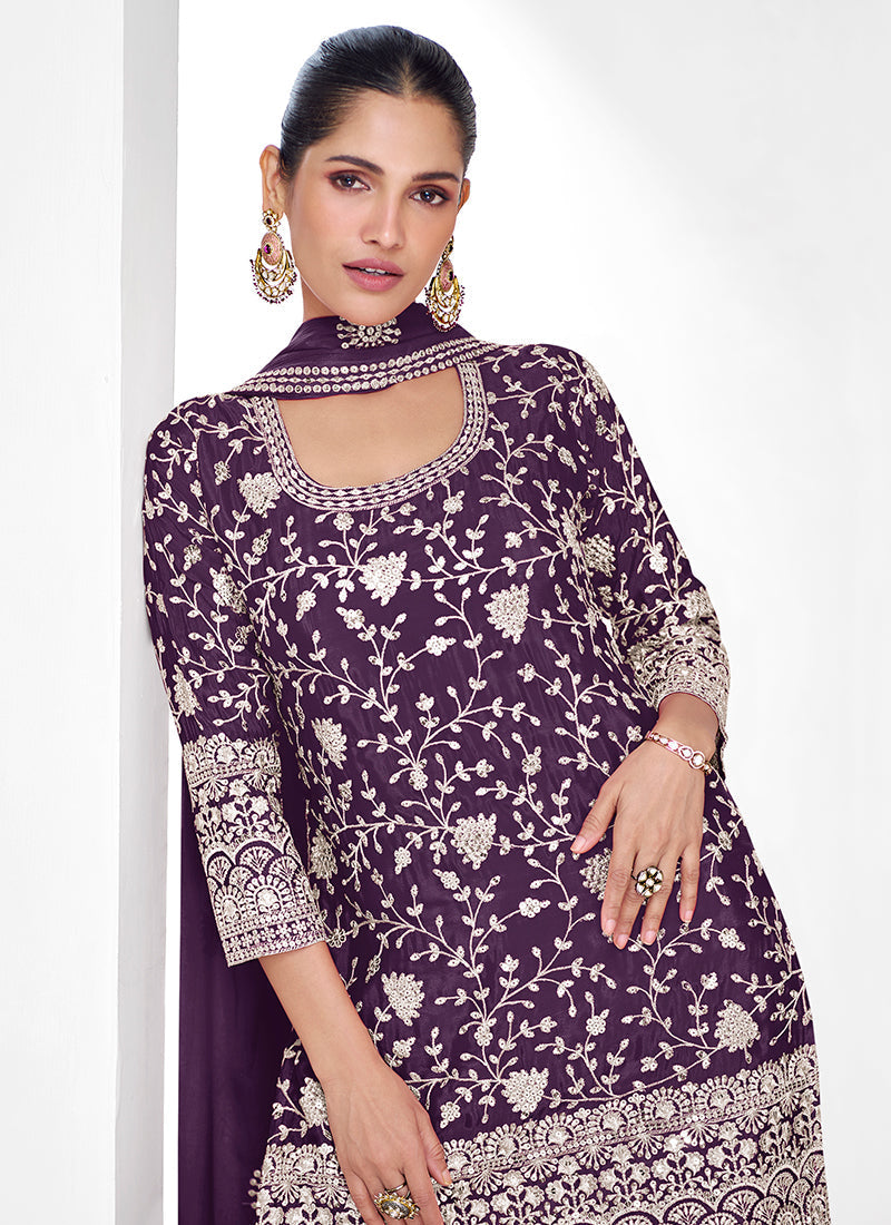 Celebrated Deep Purple Traditional Embroidered Palazzo Suit Outlet Purchase