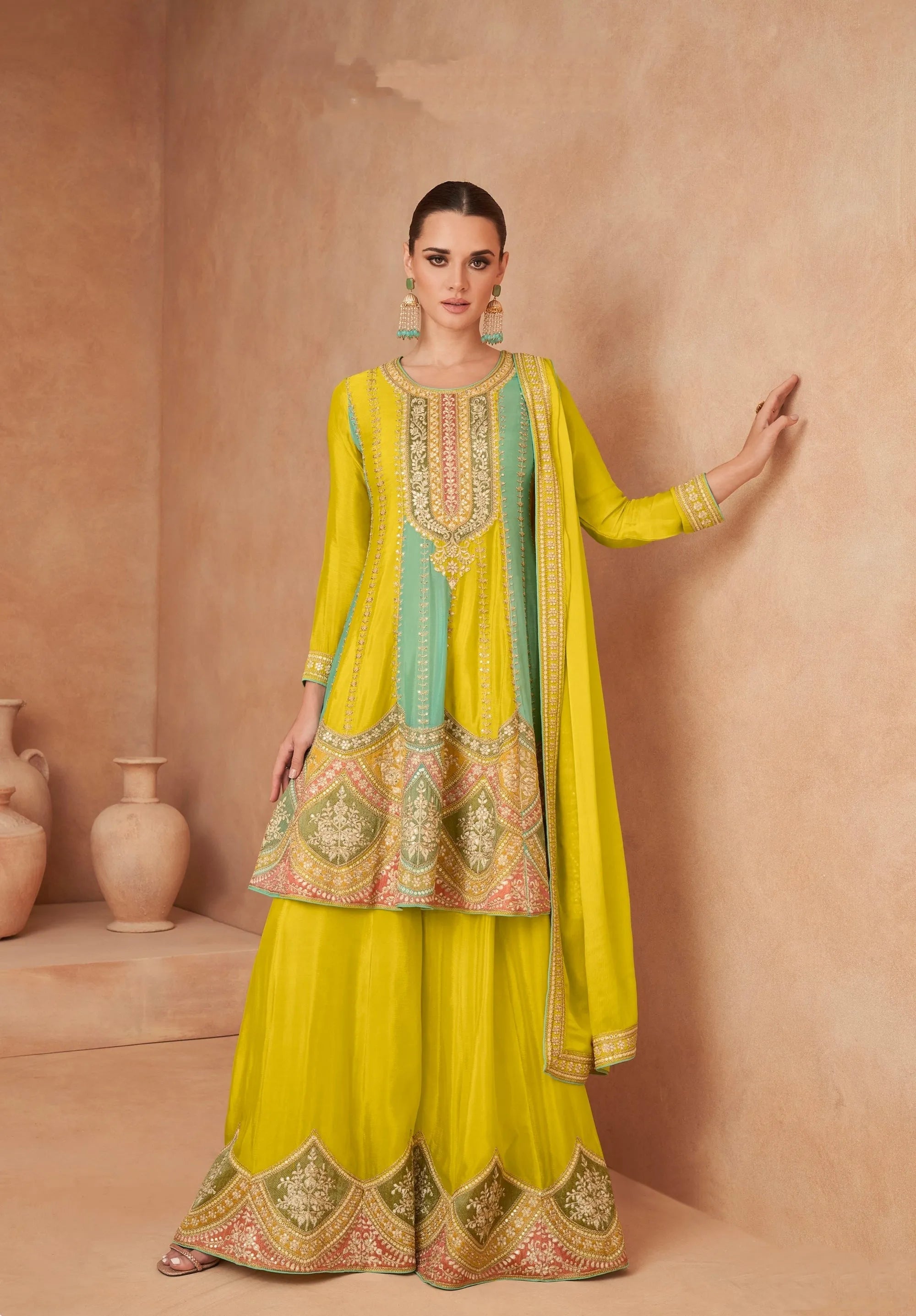 Glorious Yellow Embroidered Chinon Palazzo Set Low Pice Fee Shipping