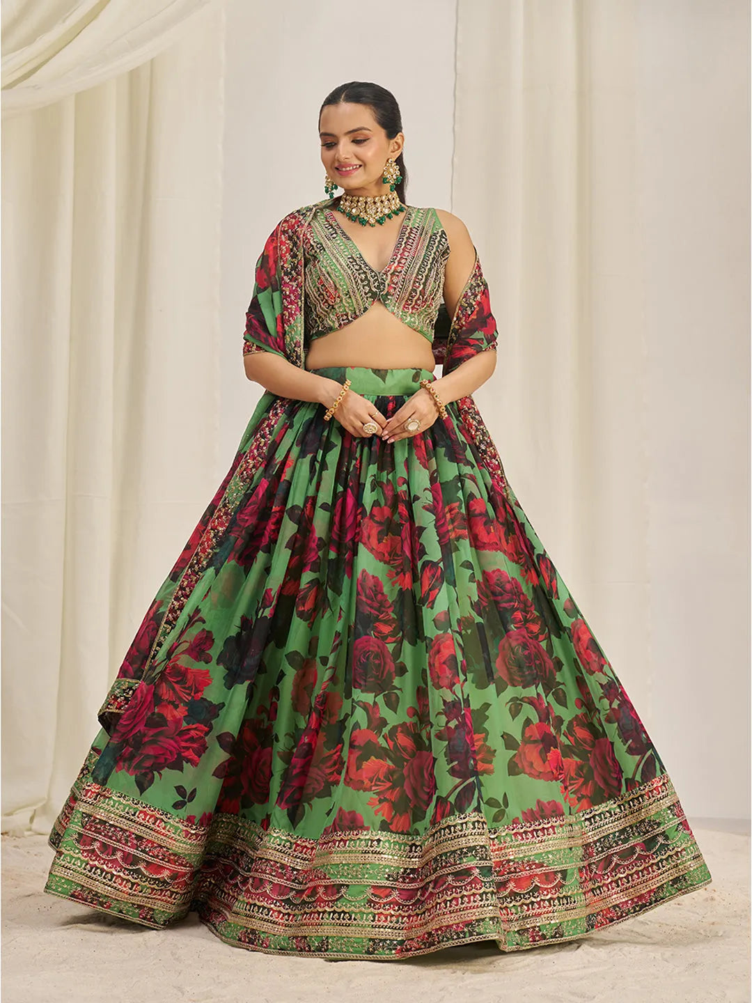 Parrot Green Organza Zari Dori Sequins Floral Lehenga Choli Set Clearance Official Site