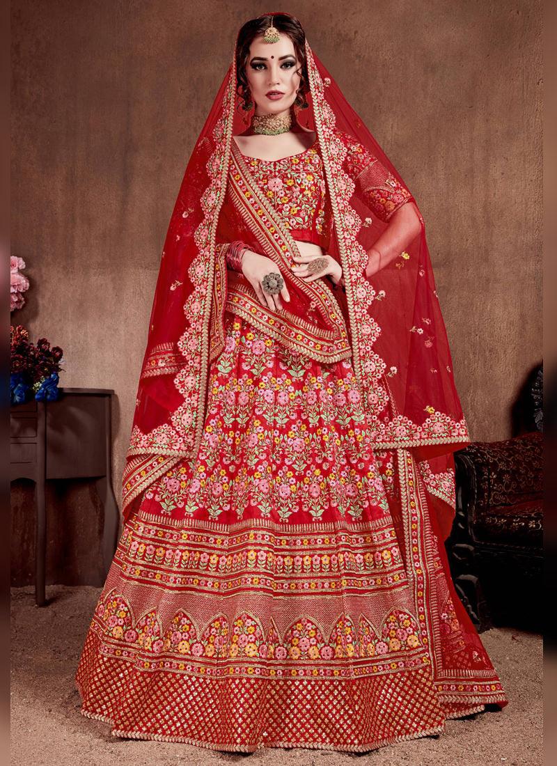 Splendid Red Colored Silk Bridal Designer Embroidered Lehenga Choli Manchester Great Sale Online