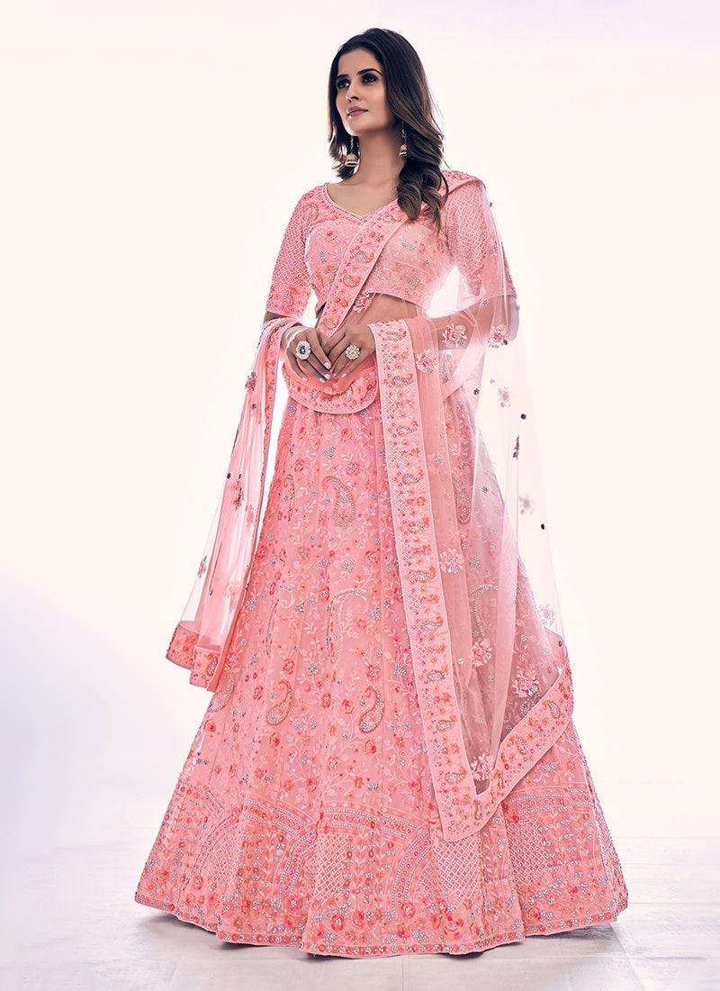 Heavy Embroidered Pink Soft Net Lehenga Pay With Visa Cheap Pice