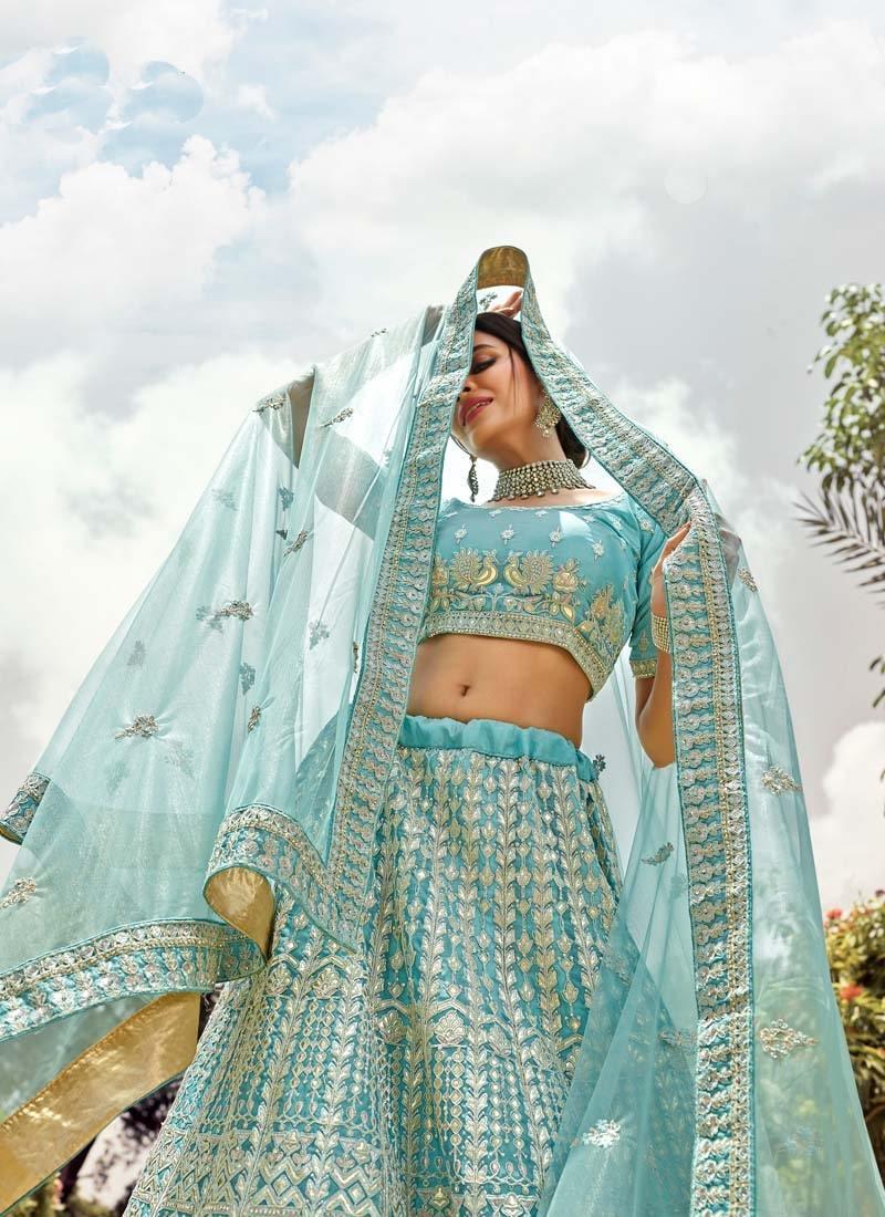 Turquoise Color Organza Base Lehenga Choli With Zari And Gota Work Fashionable Cheap Online