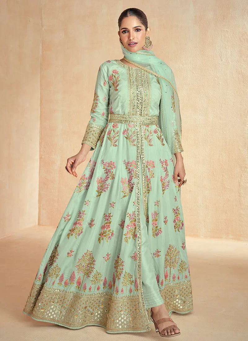 Fabulous Mint Green Multi Embroidery Slit Style Anarkali Suit For Sale Finishline