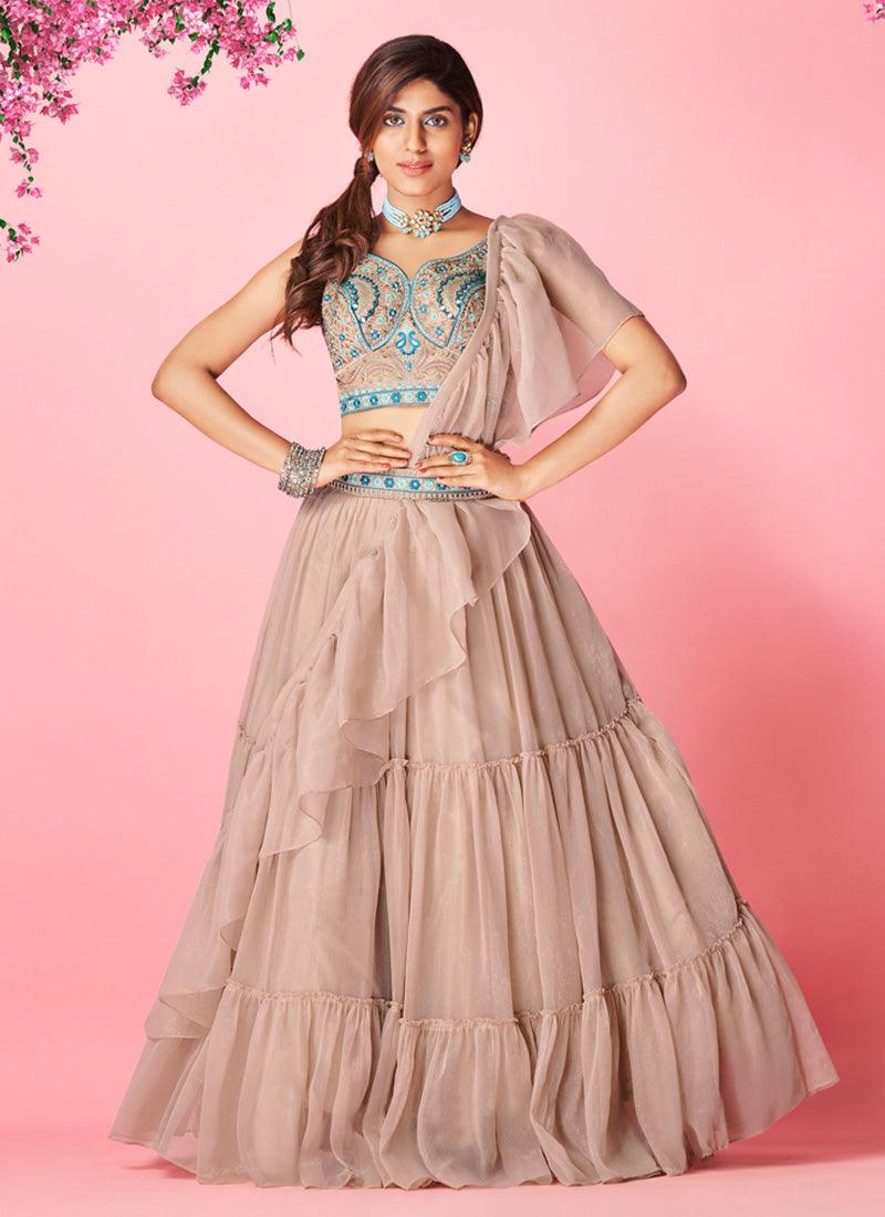 Rose Taupe Color Chiffon Base Lehenga Choli With Ruffle Dupatta Free Shipping