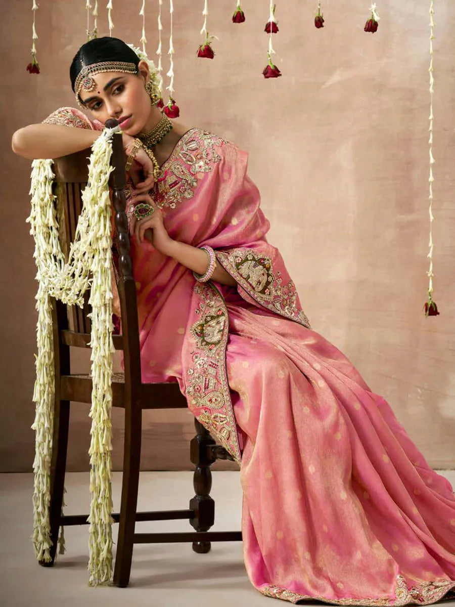 Pristine Light Pink Designer Silk Embroidered Saree Online Online Clearance