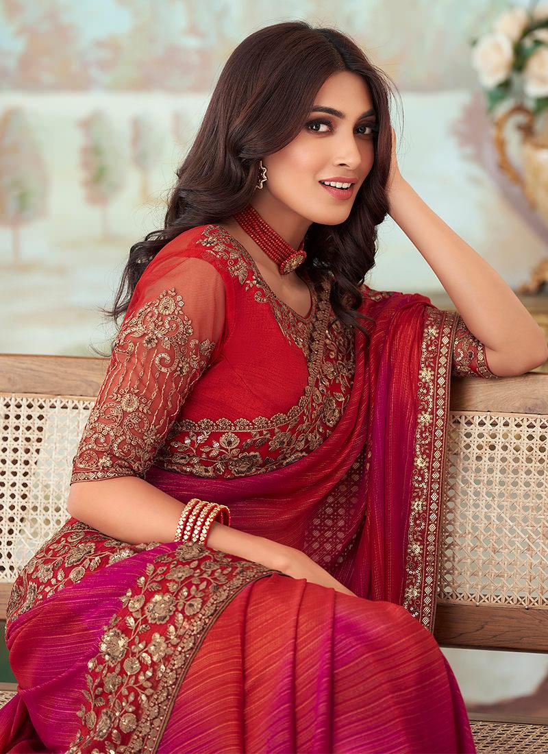 Red With Pink Shade Embroidered Saree Online Cheap Online