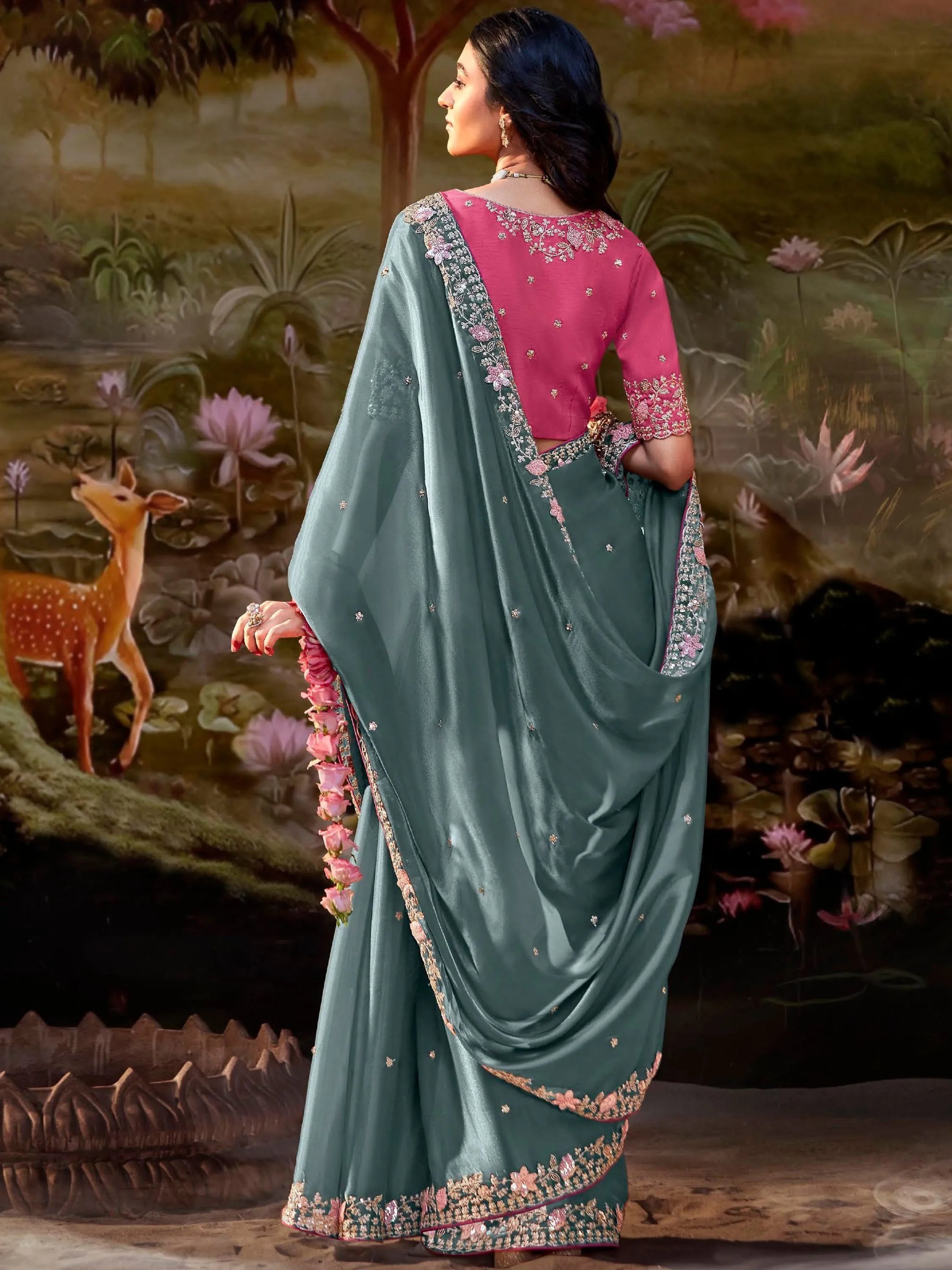 Sea Green Organza Wedding Wear Saree With Blouse With Credit Card For Sale