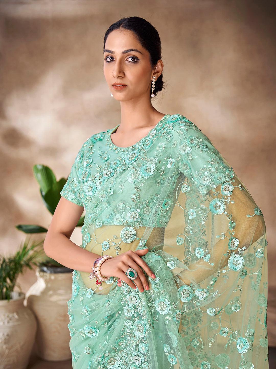 Mint blue net base embroidered and zarkan work saree Clearance Sast