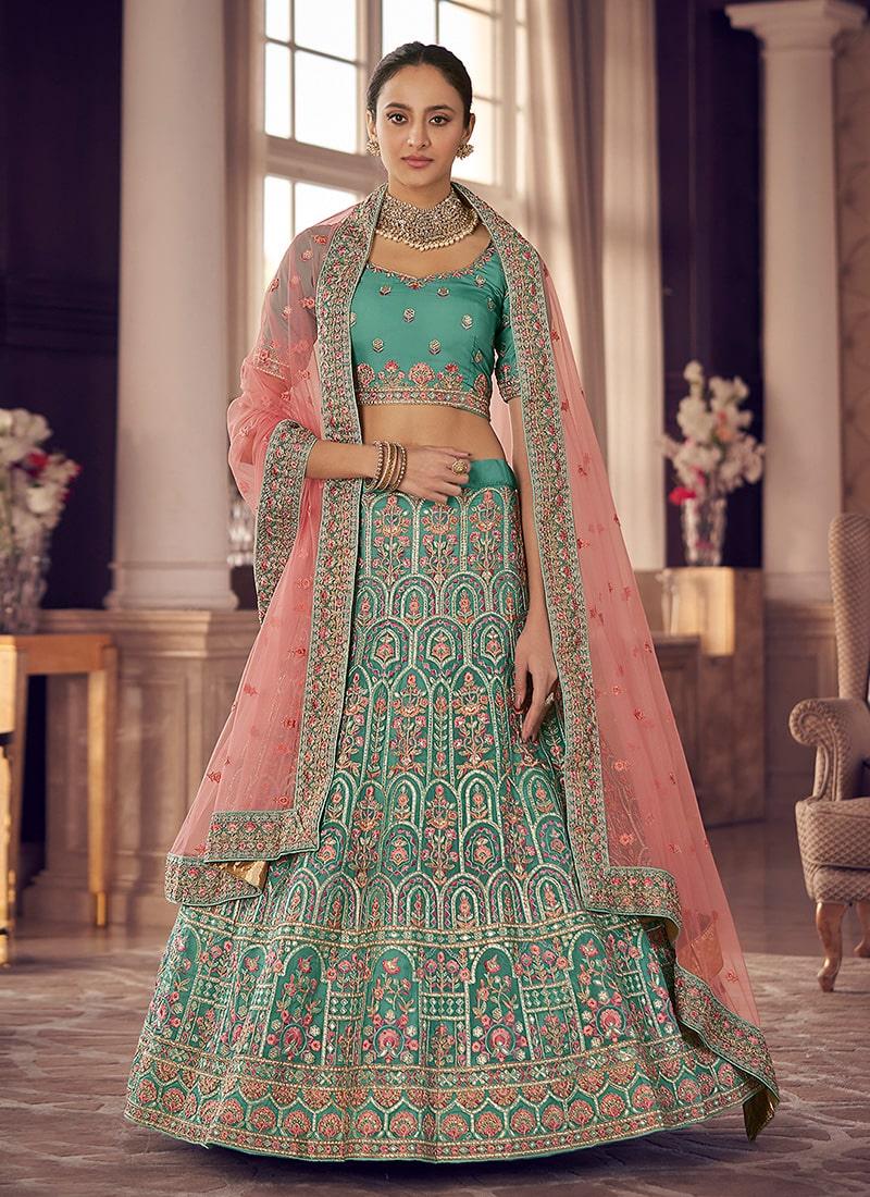 Turquoise Color Organza Material Gota And Resham Work Lehenga Store Cheap Online