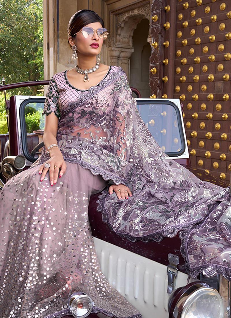 Mirror And Foil Embellished Purple Net Saree Pick A Best Cheap Pice