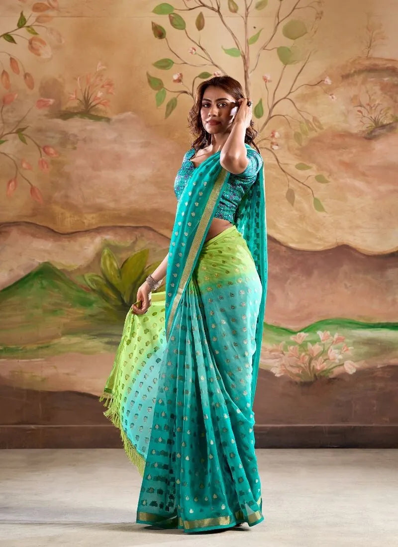 Digitally Printed Zari Weaving Georgette Silk Saree in Sea Green Discount Latest