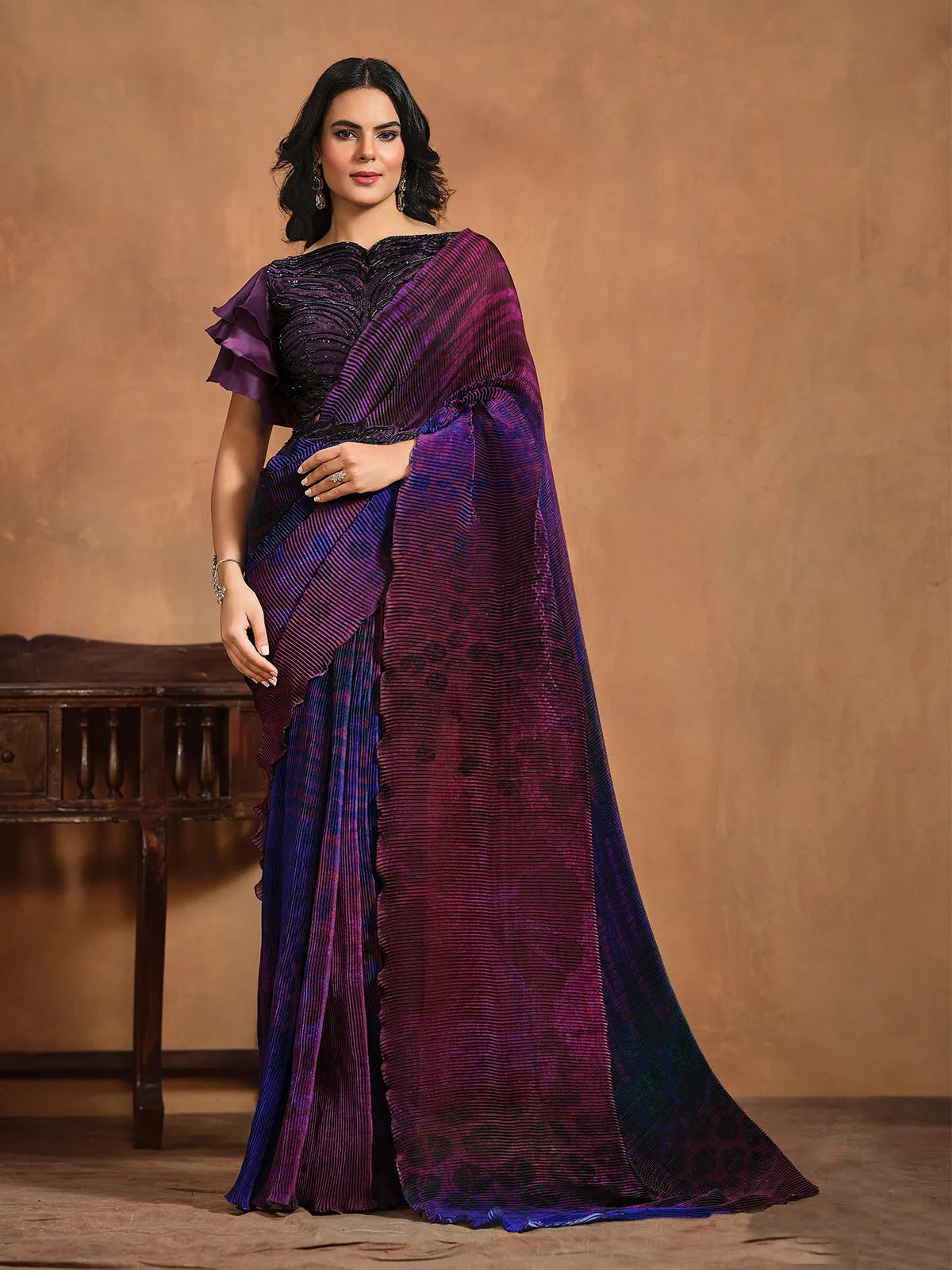 Radiant Dark Purple Satin Silk Printed Ready To Wear Saree Cheapest Pice For Sale