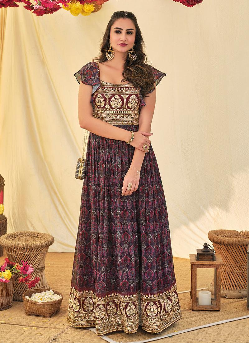 Floral Printed Wine Anarkali Suit With Ruffled Sleeves Clearance From China