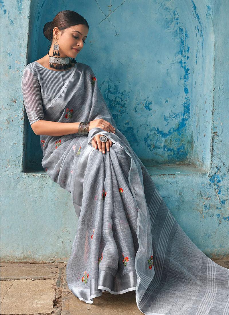 Grey Linen Saree With Sleeveless Blouse Browse Cheap Online