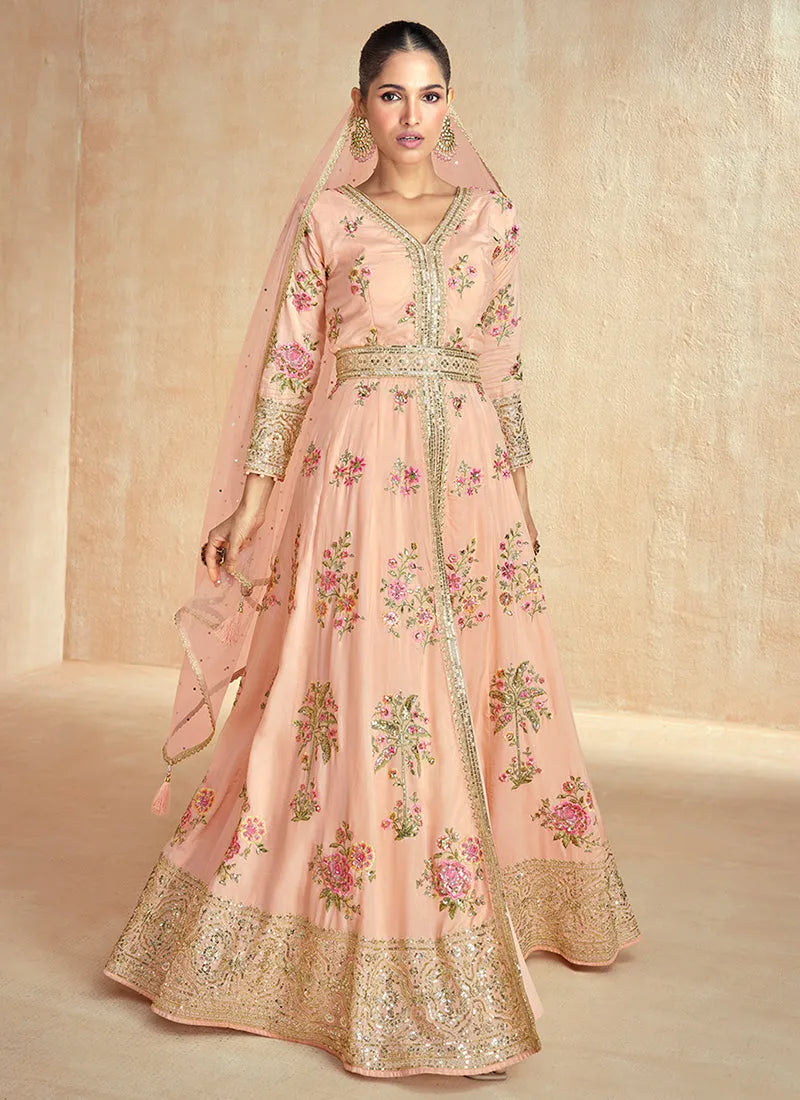 Pristine Peach Embroidered Slit Style Anarkali Suit Online Cheap Pice