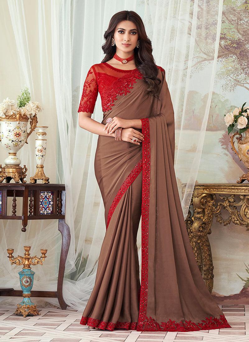 Brown Color Silk Fabric Embroidered Saree High Quality Buy Online