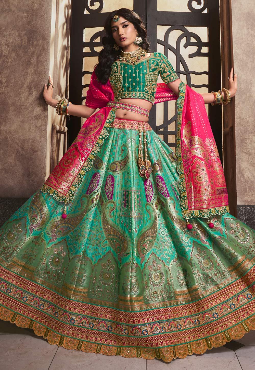 Teal Green Banarasi Silk Wedding Lehenga Choli Set Cheap Sale Shop