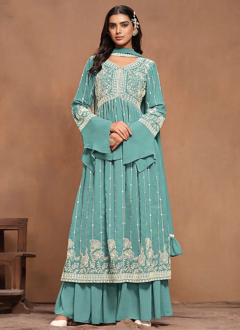 Extraordinary Aqua Blue White Embroidered Kurta Palazzo Suit Clearance Huge Surprise