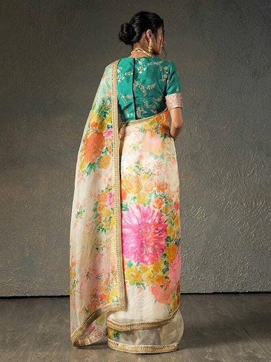 Cream Organza Floral printed Saree With Paypal