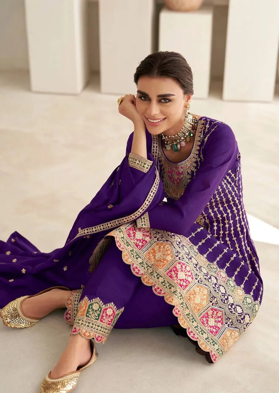 Jubilant Purple Chinon Embroidered Salwar Kameez Latest Cheap Online