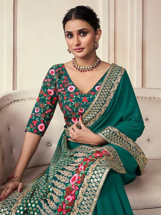 Green color Organza Embroidered Designer Saree Cheap Get To Buy