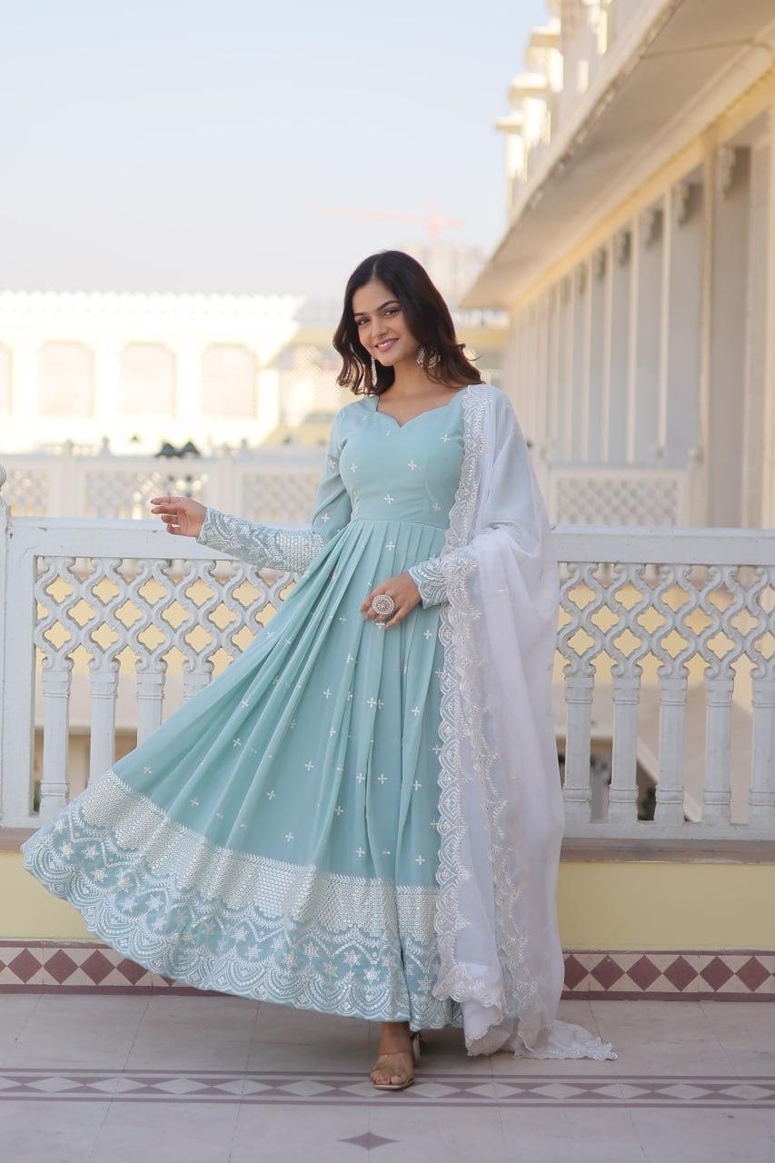 Sky Blue Faux Georgette Thread Sequins Embroidered Gown Cheap Sale Latest Collections