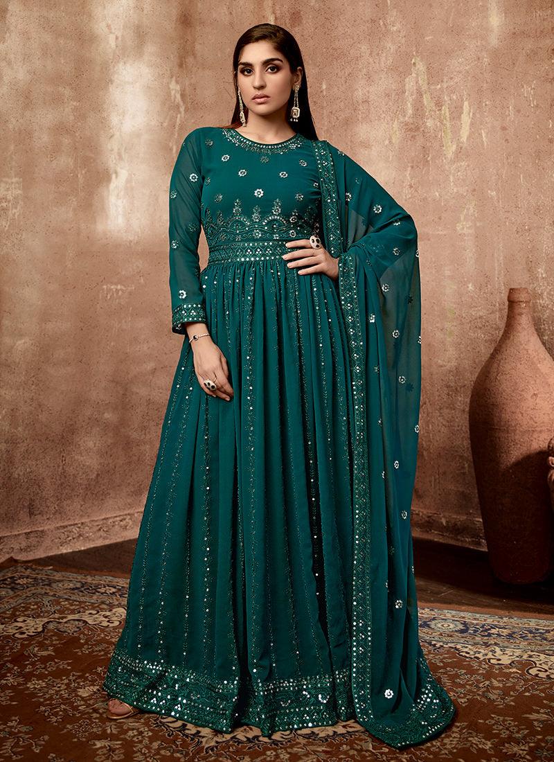 Georgette Sequins Work Rama Green Anarkali Suit Buy Cheap Browse