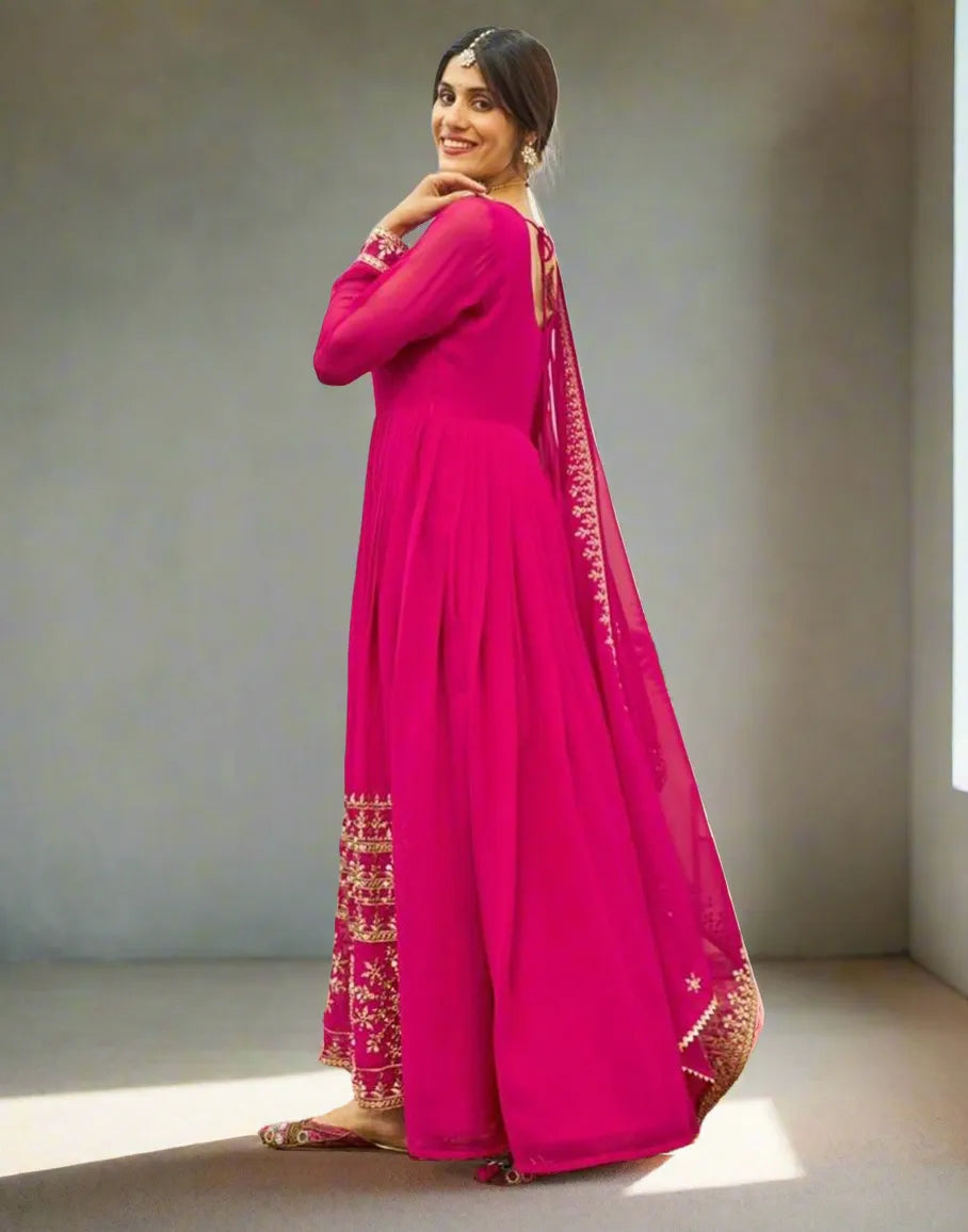 Pink Georgette readymade embroidered Flared gown Discount Inexpensive