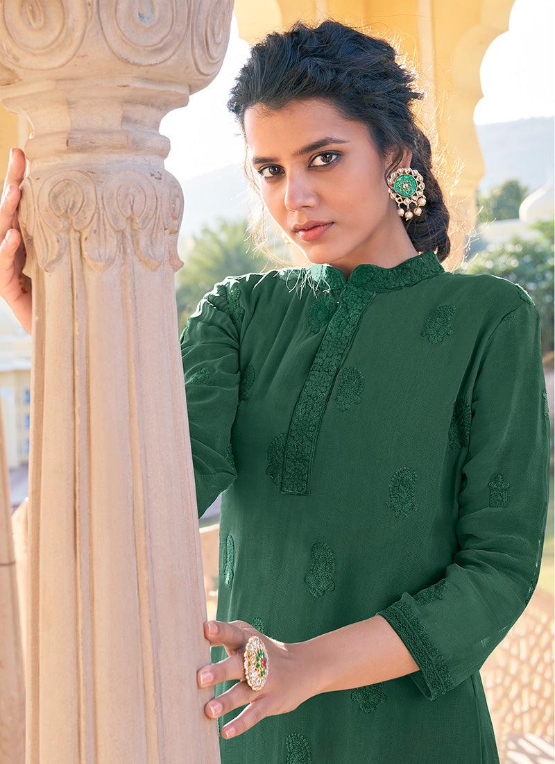 Embroidery Work Band Collar Green Kurti Cheap Sale Lowest Pice