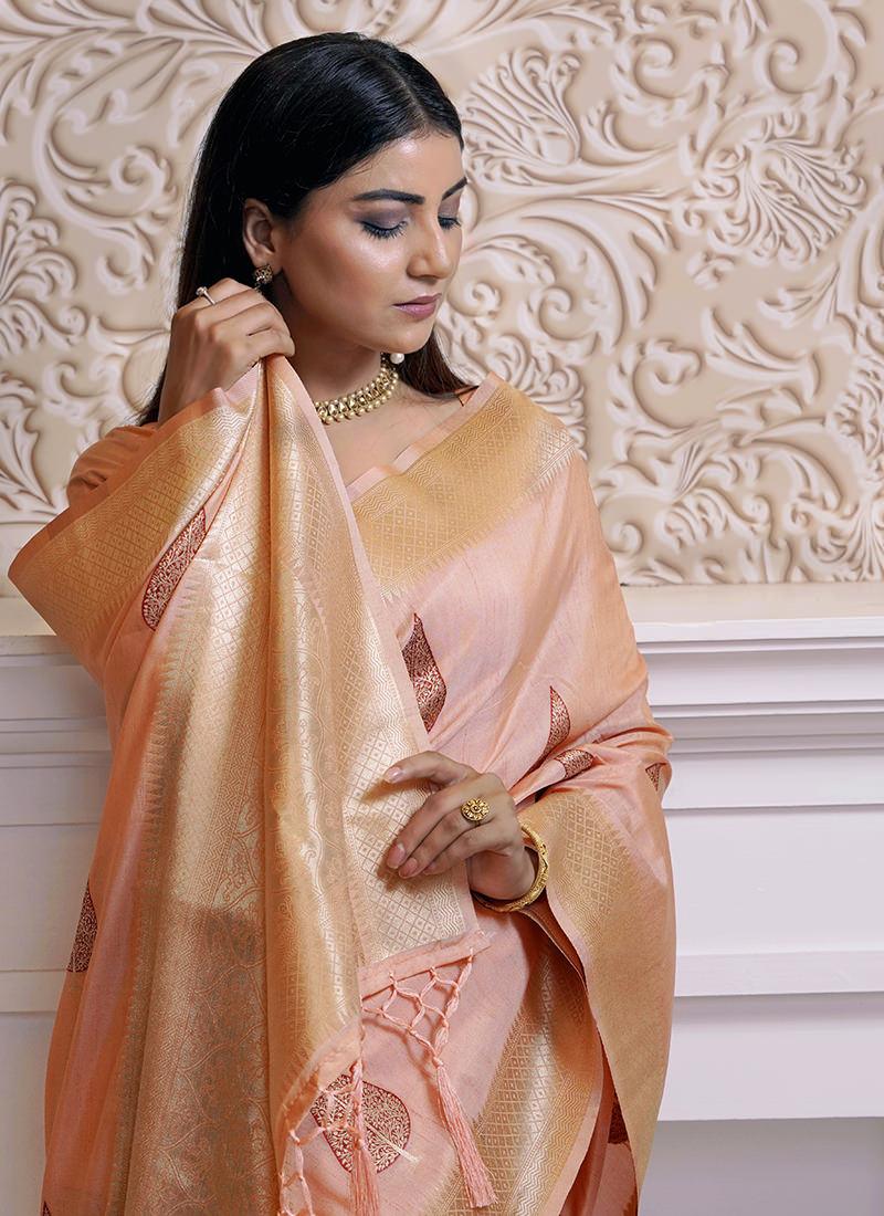 Orange Color Leaves Print Silk Saree Cheap Finishline