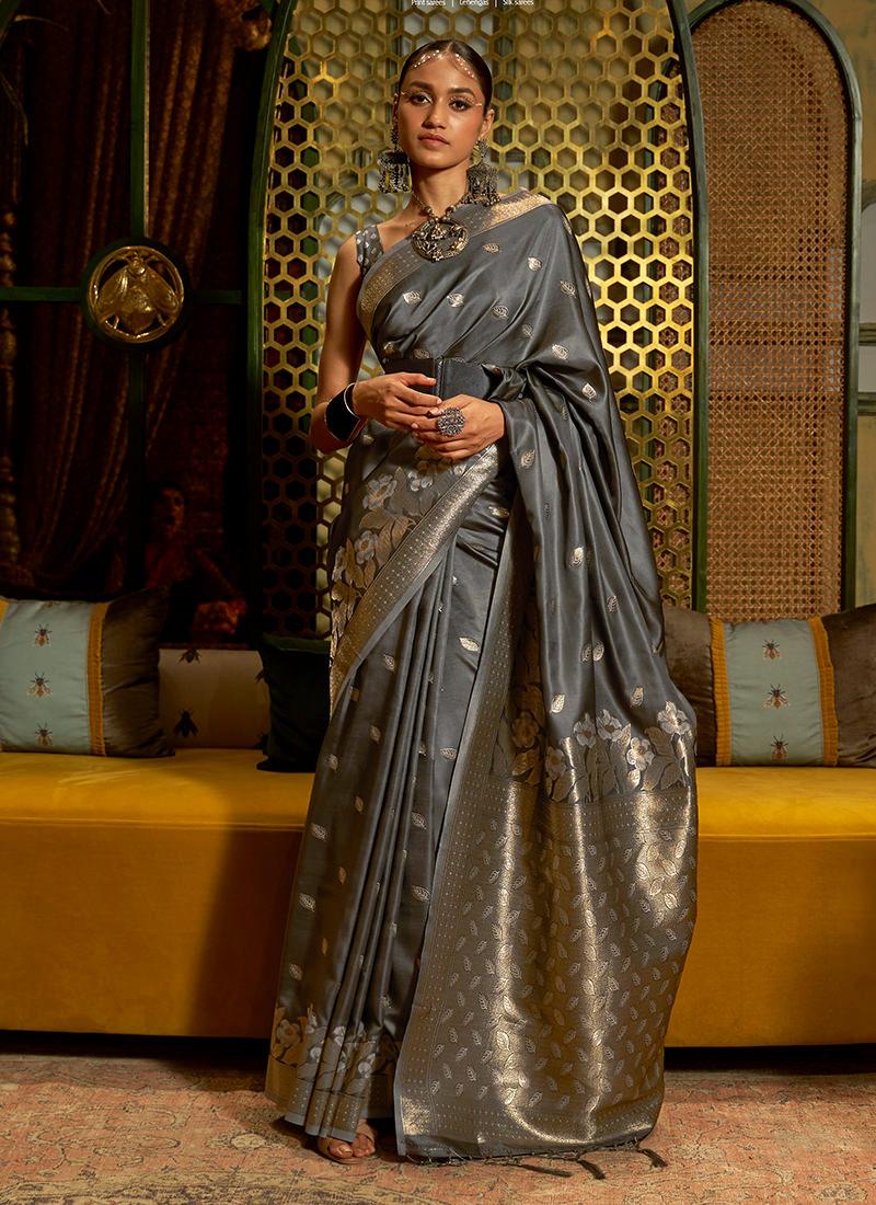 Grey Striped Silk Weave Classic Saree Big Discount Online