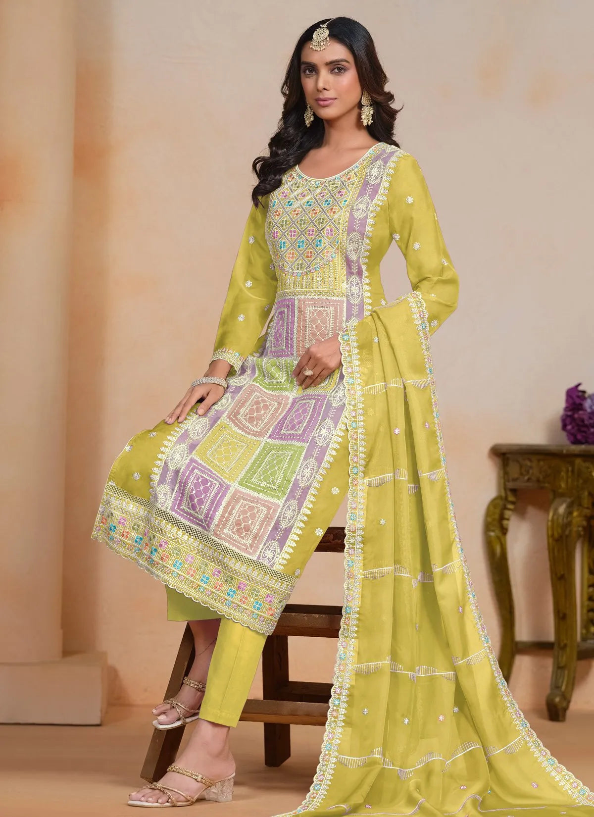 Luminous Yellow Embroidered Work Organza Salwar Kameez Outlet Marketable