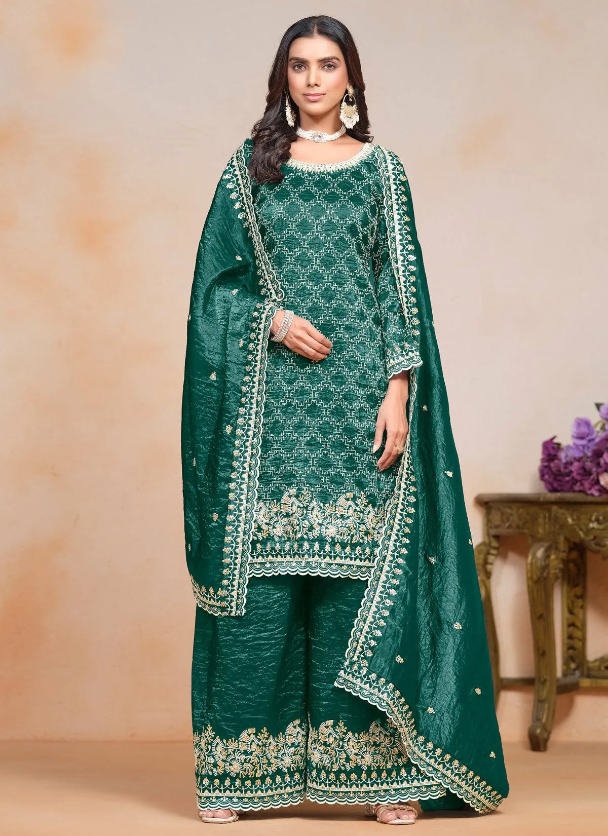 Dazzling Dark Green Crush Embroidered Work Palazzo Suit Cheap Discount Sale