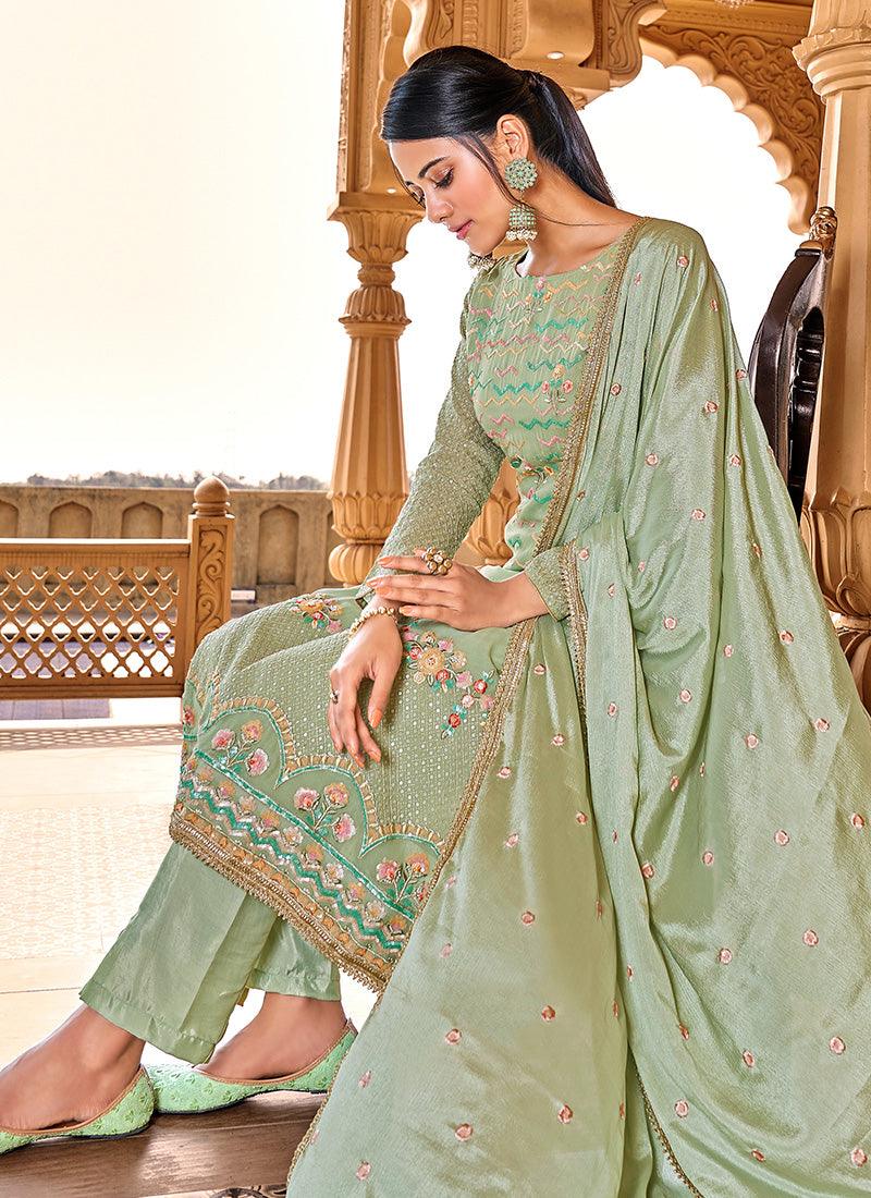 Green Color Sequins Work Full Sleeves Straight Salwar Suit Free Shipping With Paypal