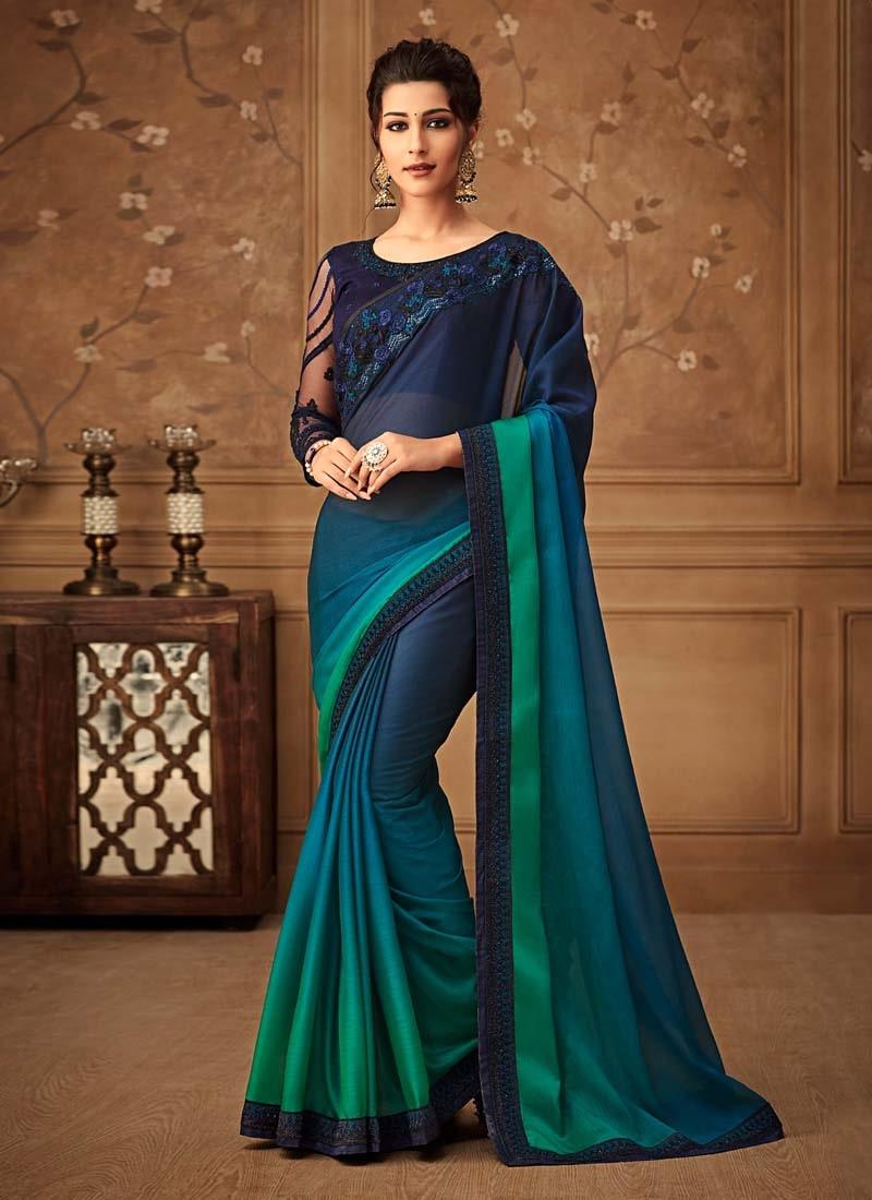 Shaded Blue And Green Color Silk Base Heavy Work Designer Look Saree Shop For Sale