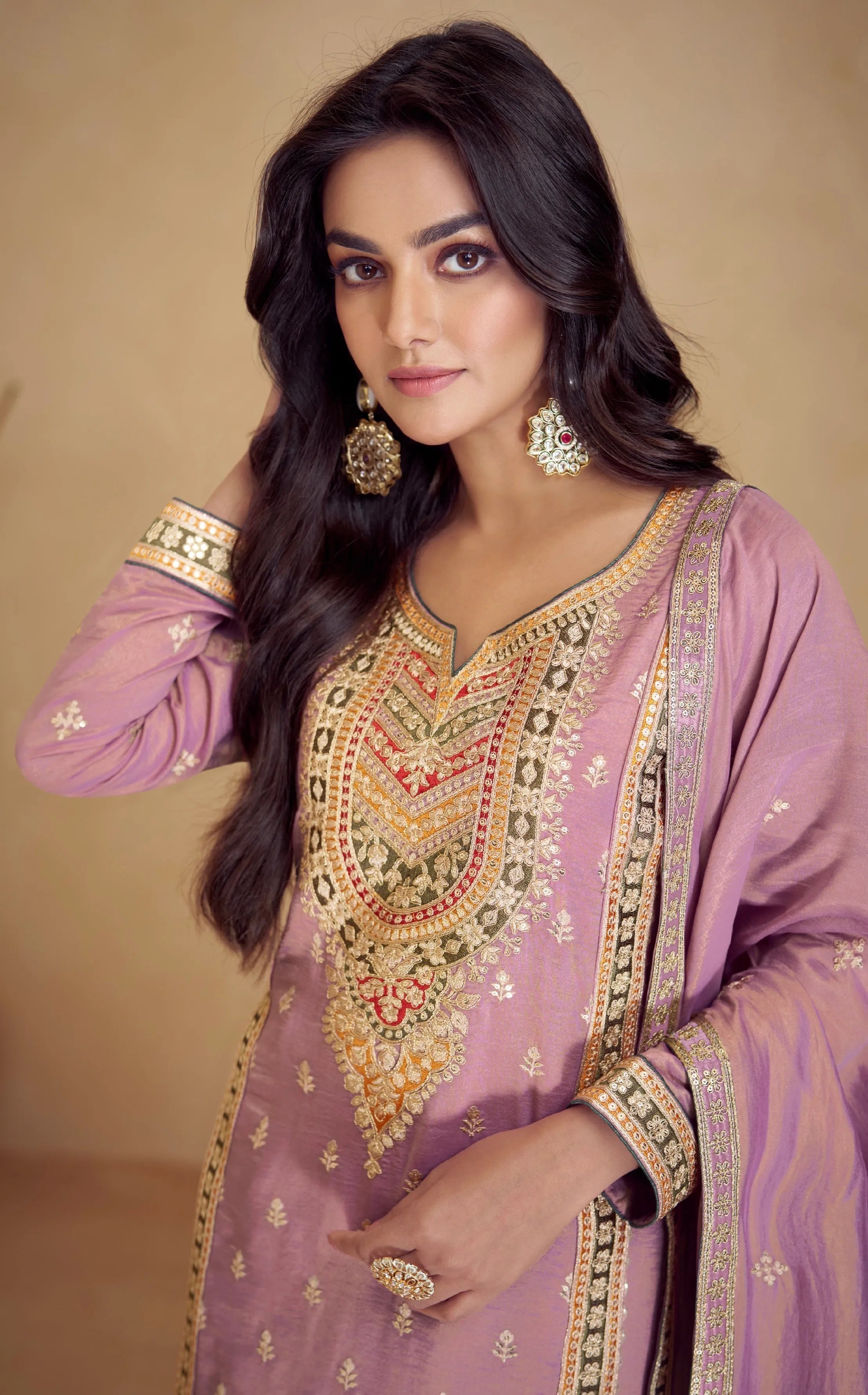 Lavender Simar Silk Palazzo Suit with Embroidered Dupatta Free Shipping