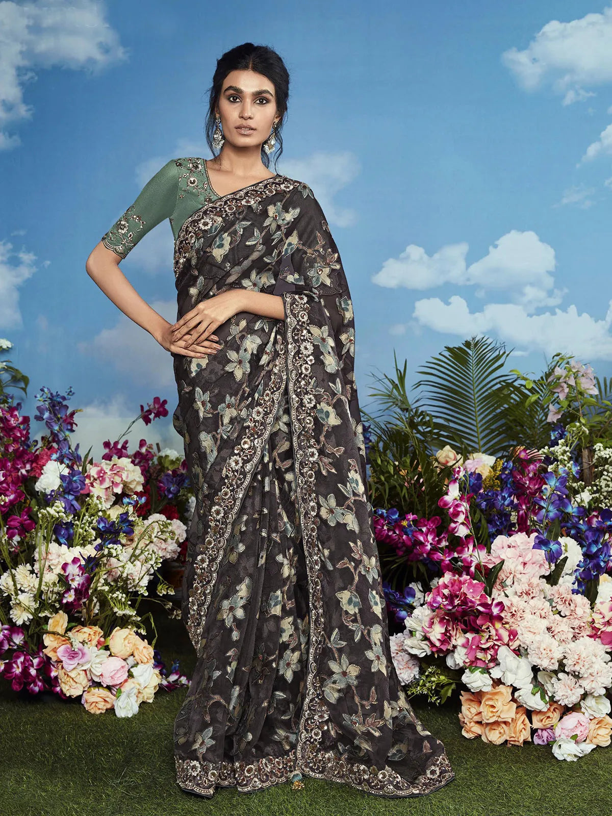 Fabulous Dark Grey Heavily Floral Embroidered Brasso Saree Sale How Much