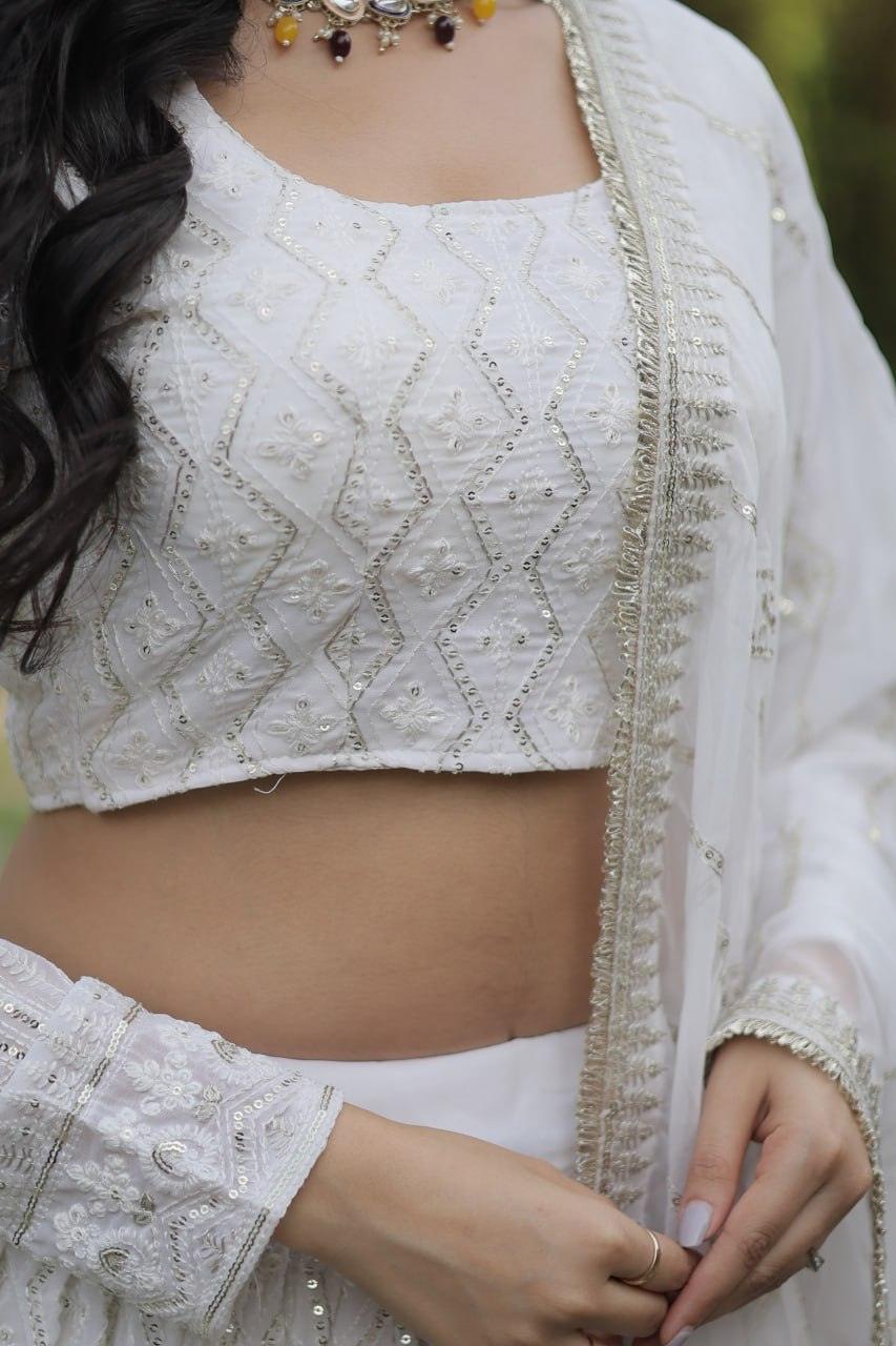 Fascinating White Thread Sequins EmbroideredLehenga Choli Set Sale For Nice