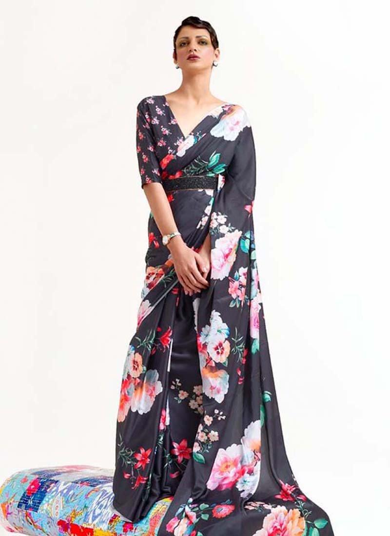 Fancy Looking V-Neck Blouse Black Color Crepe Fabric Floral Print Saree Buy Cheap Low Shipping Fee