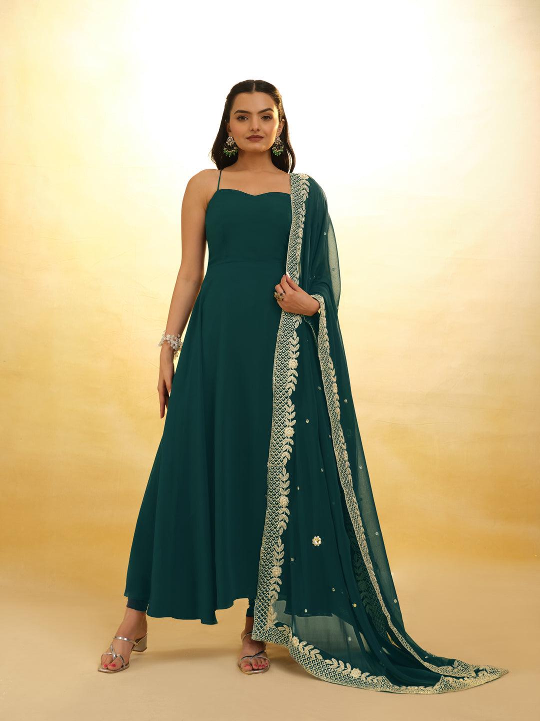 Teal Georgette ready-to-wear gown with dupatta Free Shipping Outlet Store