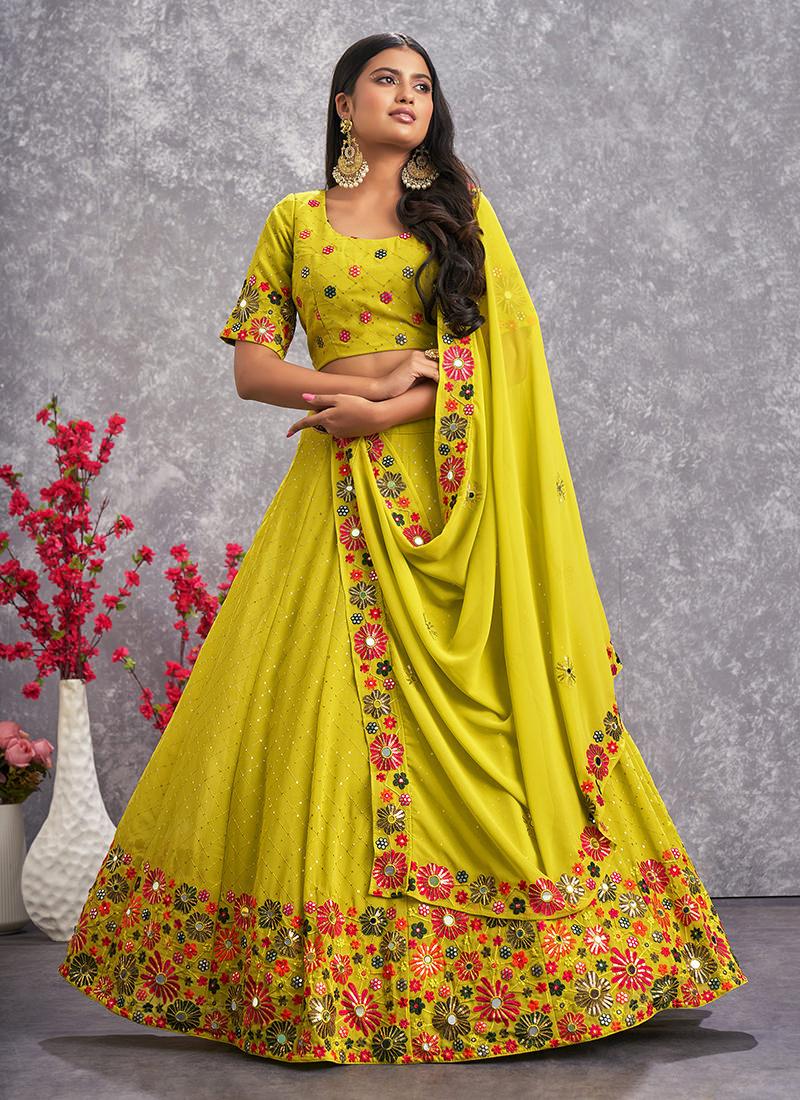 Thread With Sequins Green Georgette Lehenga Footlocker For Sale