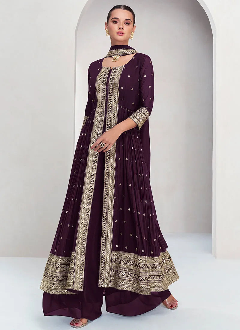 Elegant Deep Purple Embroidery Traditional Palazzo Suit Shop Offer For Sale