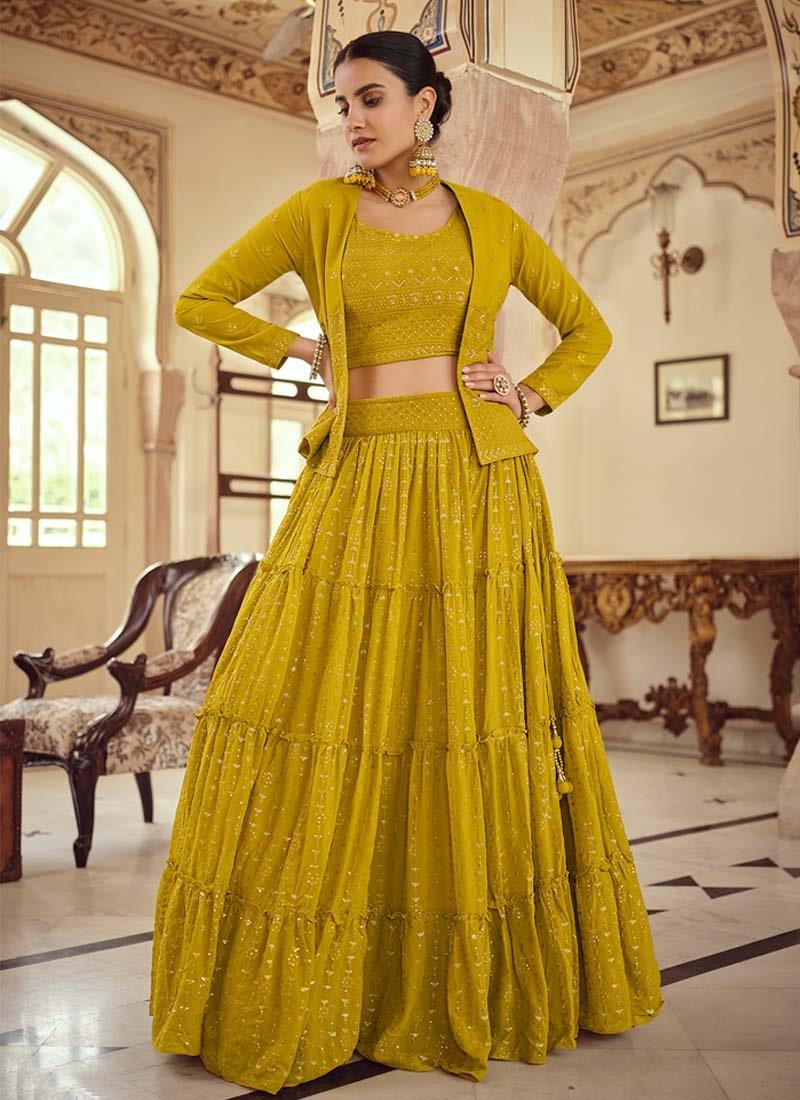 Mustard Yellow Color Sequined Work Georgette Fabric Lehenga Choli Buy Cheap Reliable